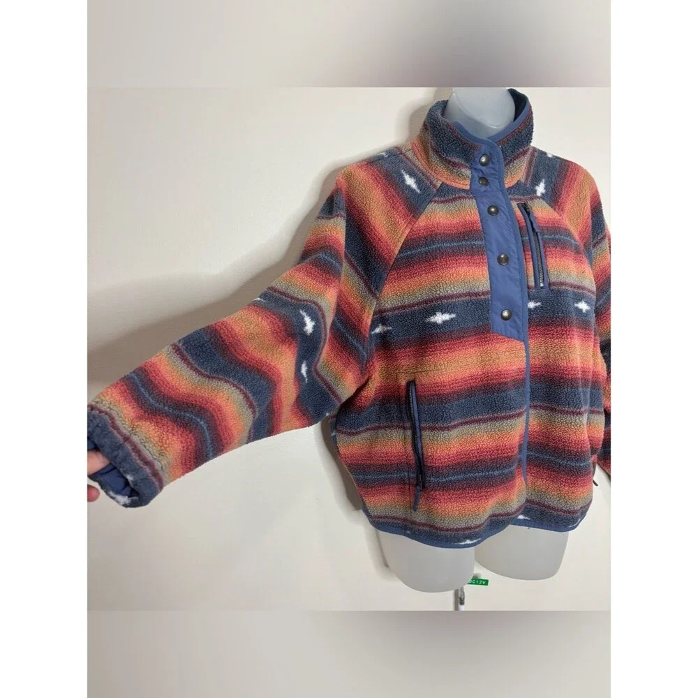 American Eagle Striped Southwestern Fleece Jacket Multicolor size XS Orange blue